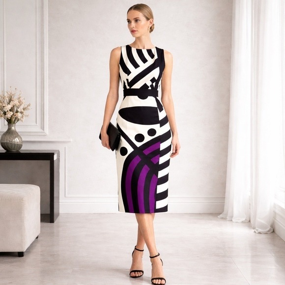 Aquilano Rimondi Dresses & Skirts - Aquilano Rimond Silk Sheath Dress Black Ivory Purple Mod Art Deco Old Money Sz 4